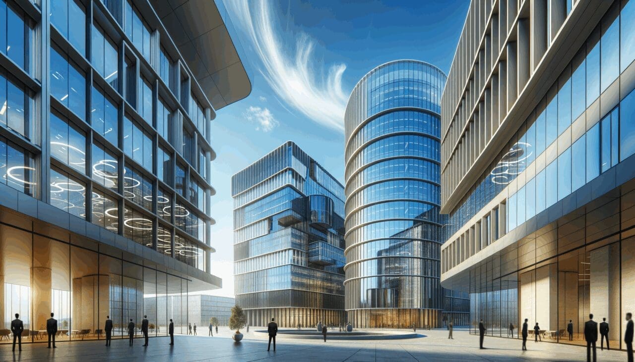 Edificios modernos en un centro tecnológico bajo un cielo azul