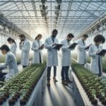 Investigadores observando cultivos en un invernadero moderno, ambiente de innovación agrícola.