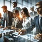 Ejecutivos analizando datos en una oficina moderna, fondo desenfocado y ambiente profesional.