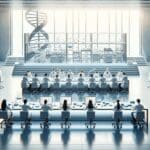 Laboratorio moderno con científicos trabajando en tecnología genética avanzada sobre una mesa amplia.