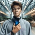 Persona joven usando un discreto dispositivo tecnológico portátil en un entorno moderno y luminoso.