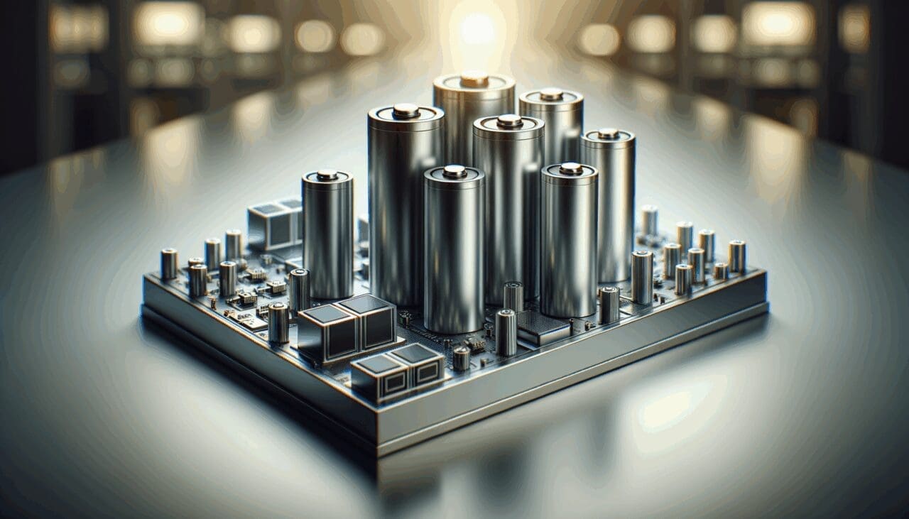 Primer plano de celdas de batería sobre una mesa tecnológica, iluminación moderna y fondo difuminado.