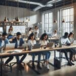 Grupo diverso de emprendedores colaborando en una sala de coworking moderna con ordenadores y pizarras.