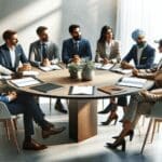 Mesa redonda en un ambiente moderno con emprendedores discutiendo estrategias internacionales.