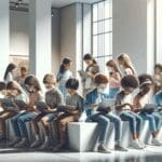 Grupo de niños interactuando con dispositivos digitales en un museo moderno y luminoso.