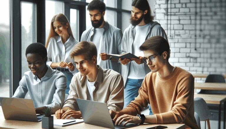 Jóvenes desarrolladores colaborando en un moderno espacio de coworking