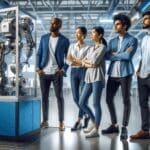 Equipo de ingenieros observando un robot industrial en un laboratorio moderno y luminoso.