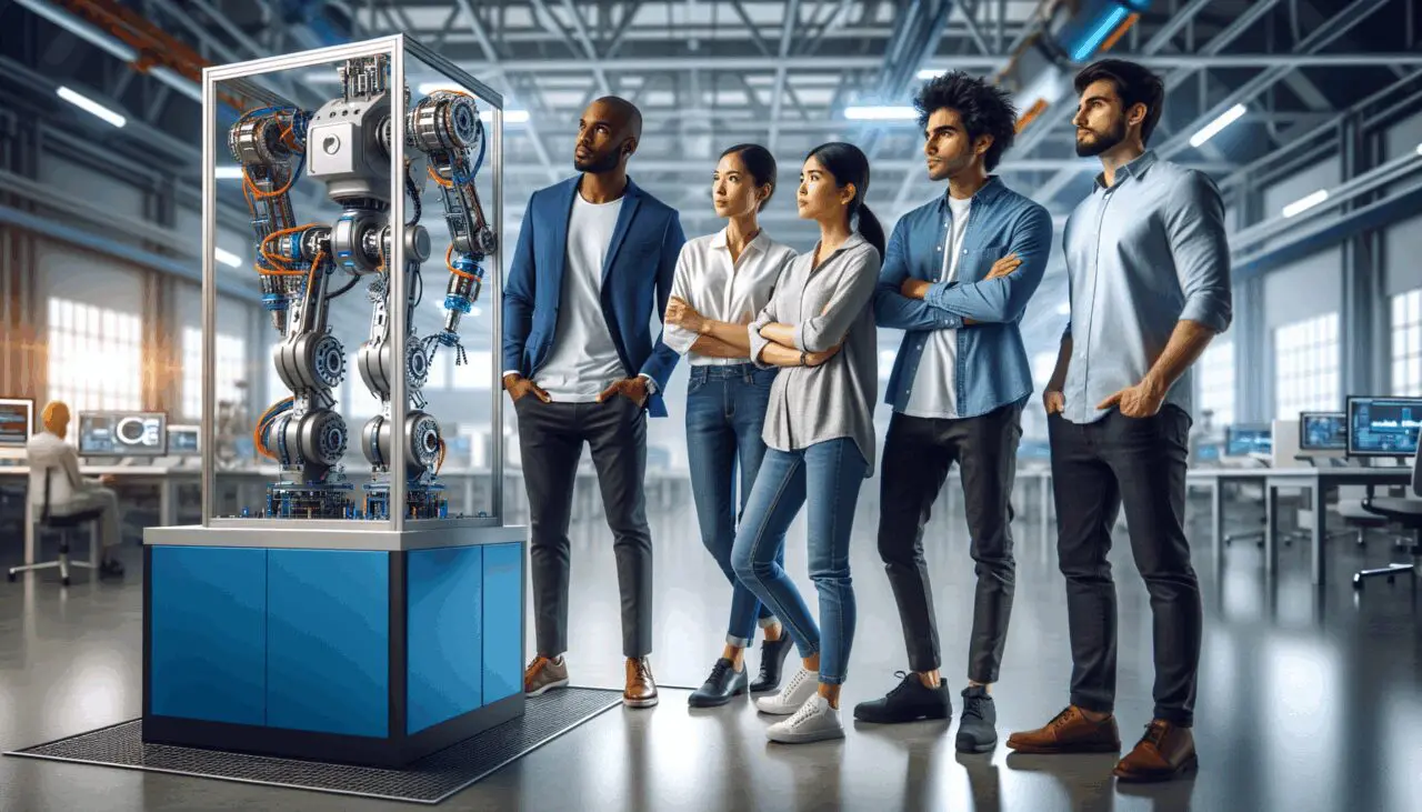 Equipo de ingenieros observando un robot industrial en un laboratorio moderno y luminoso.