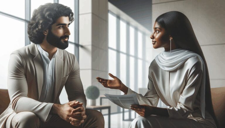 Primer plano de dos fundadores diversos conversando en una moderna oficina de tecnología.