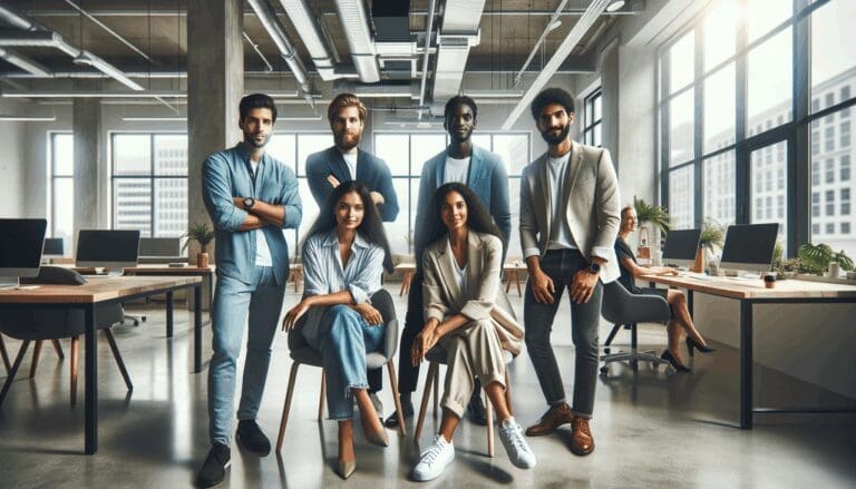 Grupo diverso de emprendedores reunidos en un moderno espacio de coworking con ambiente de colaboración.