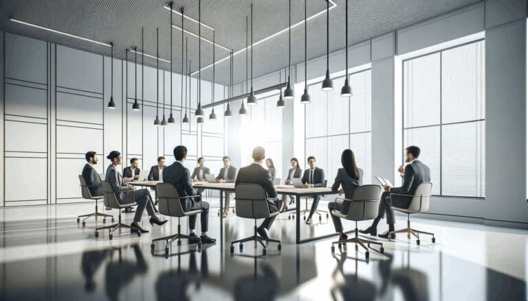 Reunión de emprendedores y ejecutivos en un espacio de coworking moderno