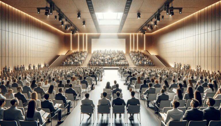 Auditorio moderno lleno de emprendedores participando en un evento de innovación.