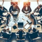 Fotografía de una reunión profesional entre emprendedores y asesores legales, laptops y documentos sobre la mesa en un entorno moderno.