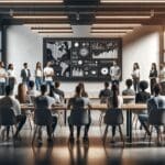 Grupo diverso de emprendedores presentando su idea en un espacio moderno de coworking con pantallas digitales y ambiente tecnológico.