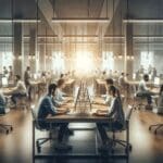 Oficina moderna con jóvenes emprendedores trabajando frente a computadoras, ambiente innovador y tecnológico.