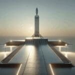 Fotografía de una plataforma de lanzamiento espacial moderna al amanecer, con un cohete sobre la rampa y cielo despejado.