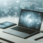 Laptop sobre un escritorio moderno con gráficos digitales y códigos, ambiente tecnológico minimalista.