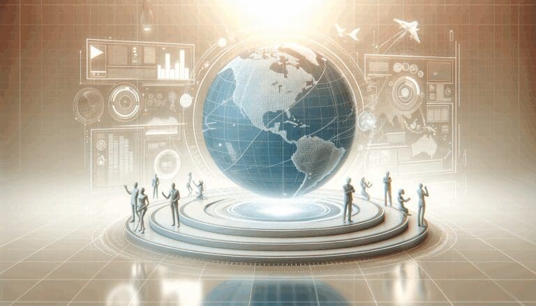 Render de una plataforma digital de mapas 3D sobre un fondo claro y moderno, mostrando innovación tecnológica.