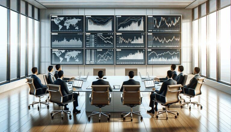 Reunión de trabajo en una moderna oficina con laptops y pantallas mostrando gráficos de inversión.