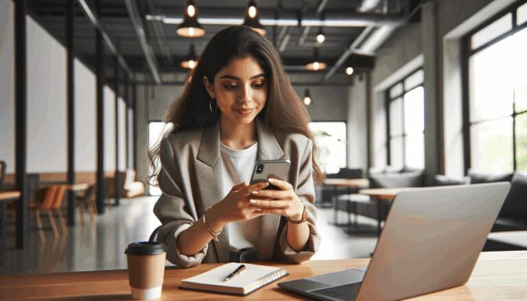 Mujer joven usando su smartphone cerca de una laptop en un espacio de coworking moderno y luminoso.