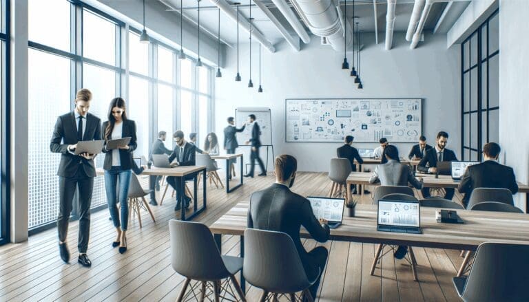 Espacio de coworking moderno con emprendedores colaborando en laptops y pizarras al fondo.