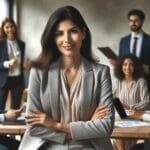 Retrato profesional de una líder empresarial rodeada de emprendedores en un espacio de coworking moderno.