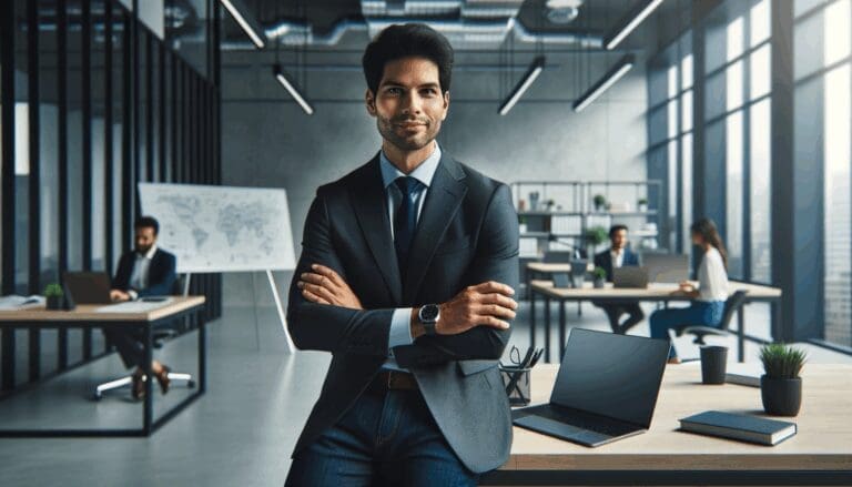 Retrato de un emprendedor latinoamericano trabajando en una oficina moderna, con laptops y pizarras en el fondo.
