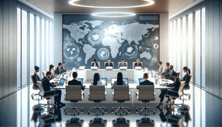 Sala moderna de reuniones con equipos internacionales colaborando en laptops, ambiente de negocios tecnológicos.