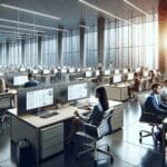 Oficinas modernas con equipos trabajando en computadoras sobre finanzas y datos tecnológicos.