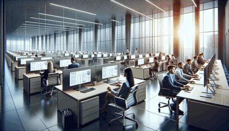 Oficinas modernas con equipos trabajando en computadoras sobre finanzas y datos tecnológicos.
