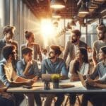 Jóvenes emprendedores discutiendo energía y tecnología en una oficina moderna, equipo de trabajo y pantallas luminosas al fondo.