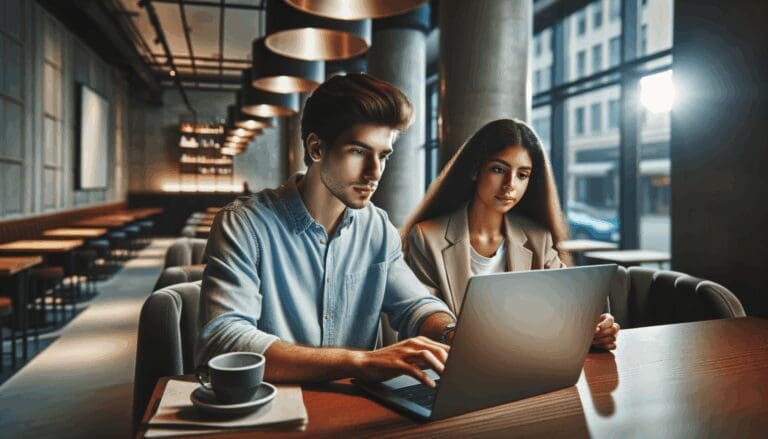 Foto de dos jóvenes emprendedores trabajando en una laptop en un café moderno, ambiente urbano y colaborativo.