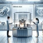 Equipo de laboratorio tecnológico manipulando muestras de metal en un entorno limpio y moderno.