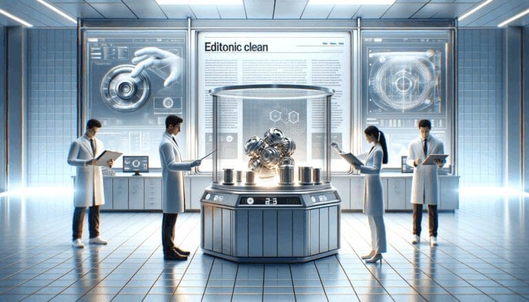 Equipo de laboratorio tecnológico manipulando muestras de metal en un entorno limpio y moderno.