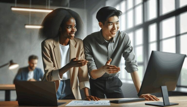 Dos jóvenes emprendedores colaborando en una oficina moderna, rodeados de pantallas y dispositivos digitales.