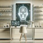 Laboratorio moderno con tubos de ensayo y una interfaz digital de IA en pantalla