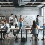 Personas jóvenes colaborando en un espacio de coworking moderno con laptops y pizarras electrónicas.