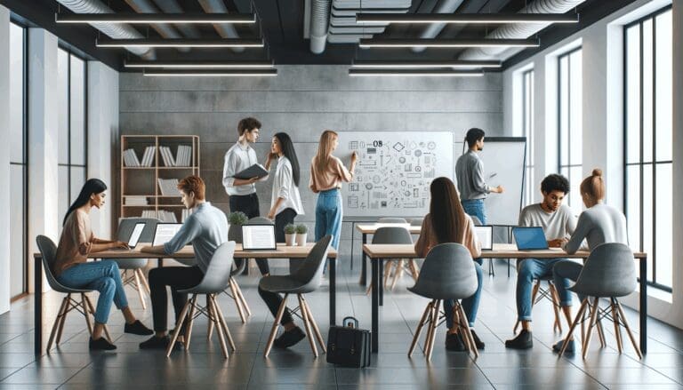 Personas jóvenes colaborando en un espacio de coworking moderno con laptops y pizarras electrónicas.