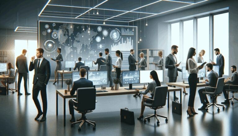 Oficina moderna con equipos tecnológicos y personas colaborando en ambiente de fintech.