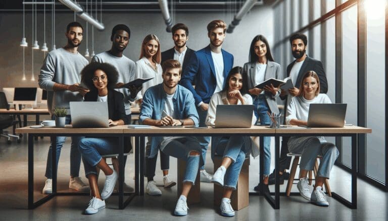 Grupo de jóvenes emprendedores colaborando en un espacio moderno de coworking, con pantallas y laptops alrededor.