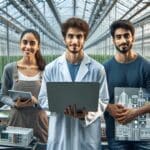 Equipo joven trabajando con tecnología agrícola en un invernadero moderno en Latinoamérica.