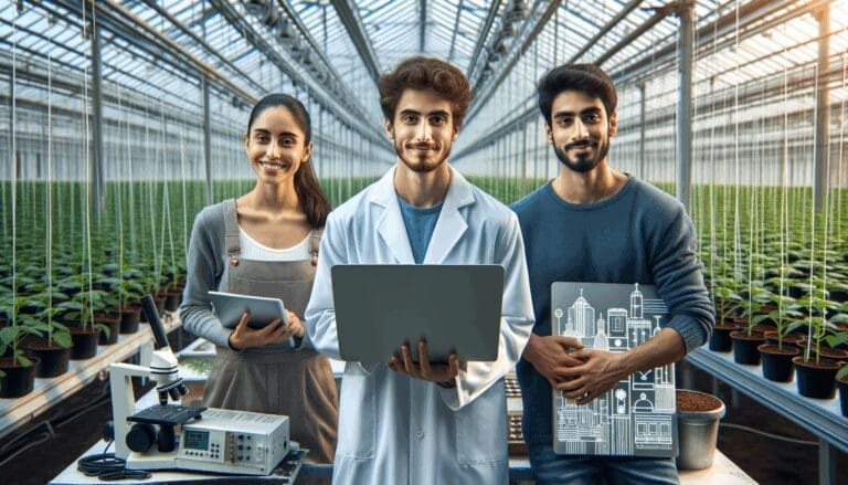 Equipo joven trabajando con tecnología agrícola en un invernadero moderno en Latinoamérica.
