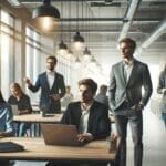 Emprendedores trabajando en un espacio de coworking moderno iluminado.