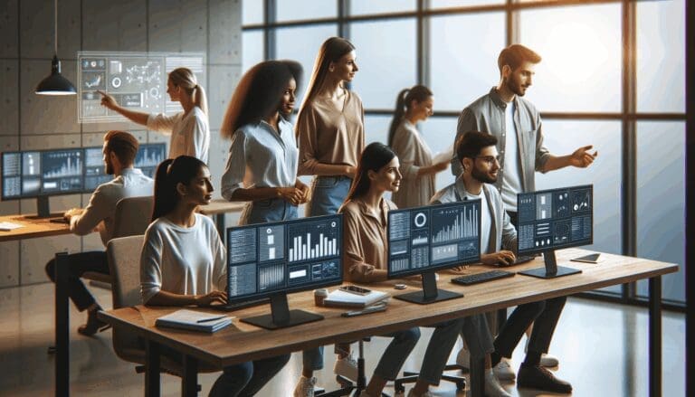 Equipo de jóvenes profesionales en una sala de trabajo moderna llena de pantallas y gráficos digitales.