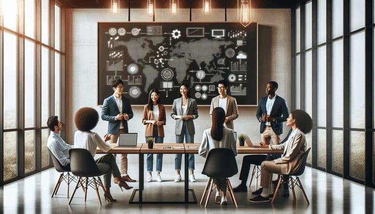 Grupo diverso de emprendedores reunidos en una oficina moderna, proyectando ideas en pizarras digitales.