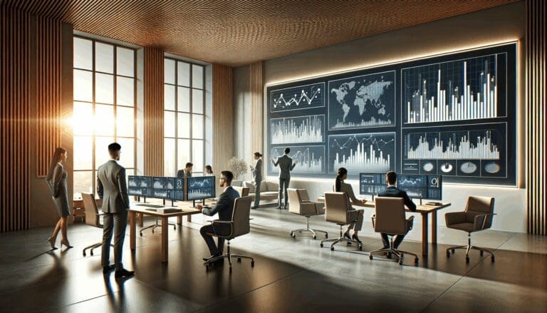 Oficina moderna con pantallas mostrando gráficos financieros y equipos trabajando juntos.
