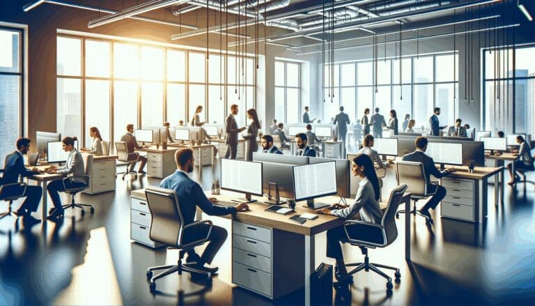 Ilustración de una oficina con equipos trabajando en computadoras y pantallas, ambiente startup moderno y luminoso.