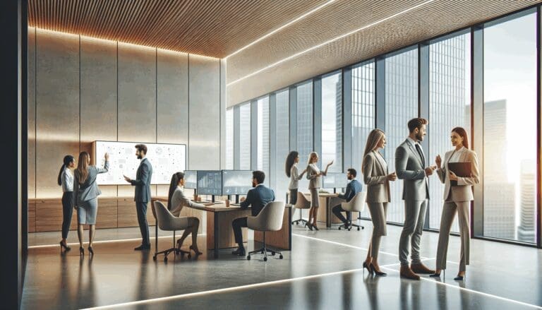 Emprendedores reunidos en un espacio de coworking moderno con pantallas digitales y ambiente de trabajo colaborativo.