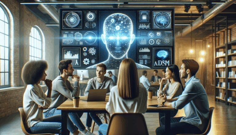 Primer plano de un equipo joven conversando frente a pantallas con gráficos de inteligencia artificial en una oficina tecnológica luminosa.