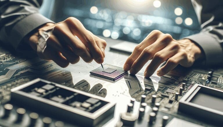 Primer plano de manos ingenieriles ensamblando un chip en laboratorio moderno, fondo desenfocado de placas electrónicas.